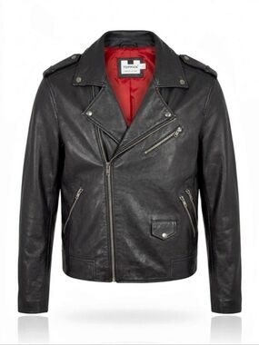 Topman Genuine Black Leather Moto Biker Jacket Red Lining - Large
